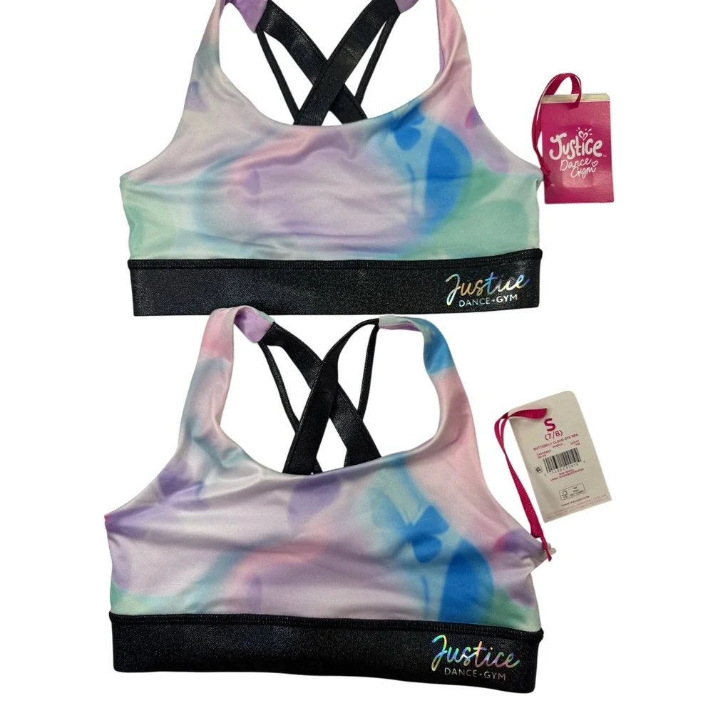 Justice Girls 2 Pack Butterfly Cloud Dye Sports Bras Size S 7/8 Dance Gym New‎